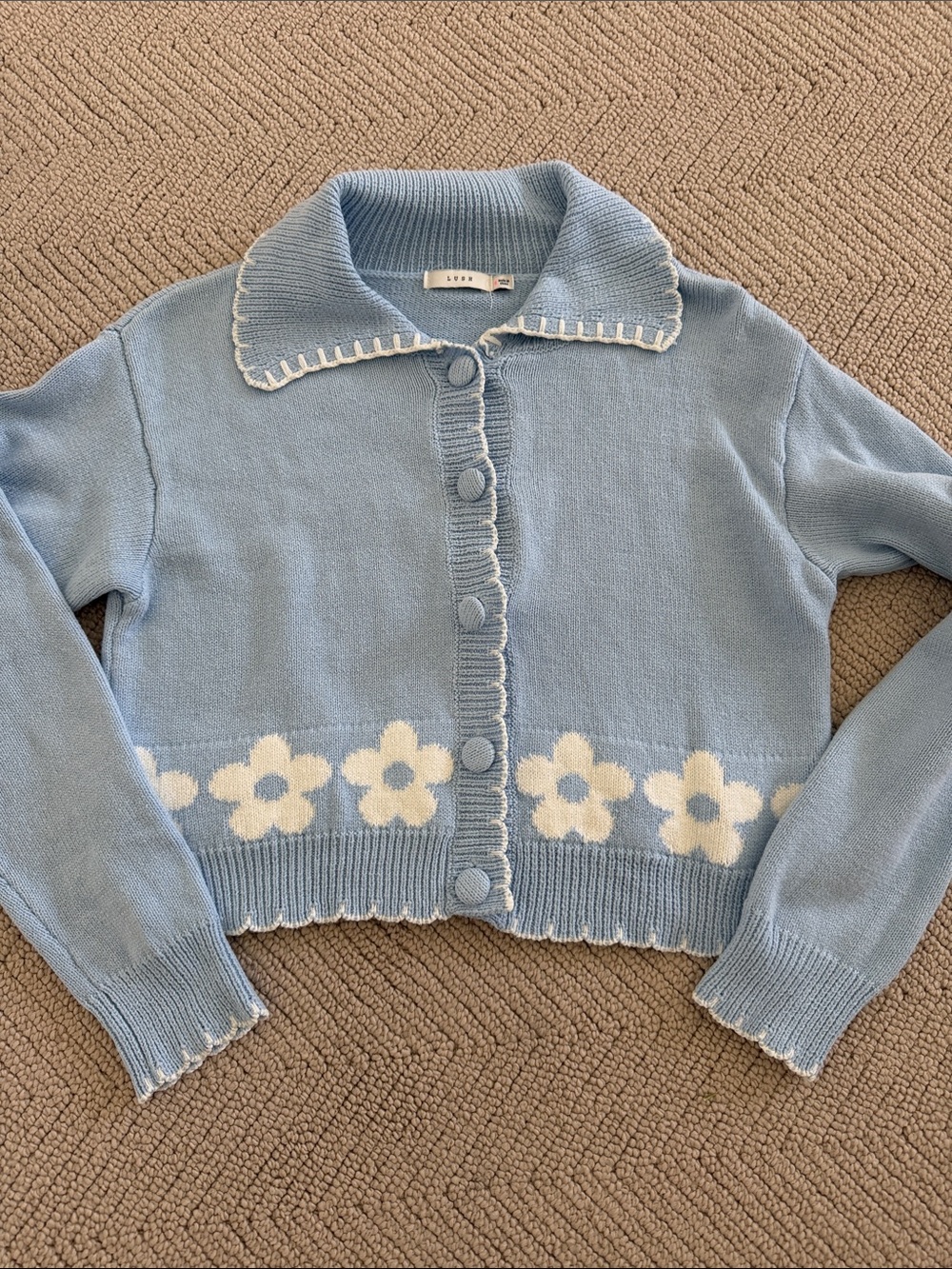 Lush Light Blue Cardigan with White Daisy Trim